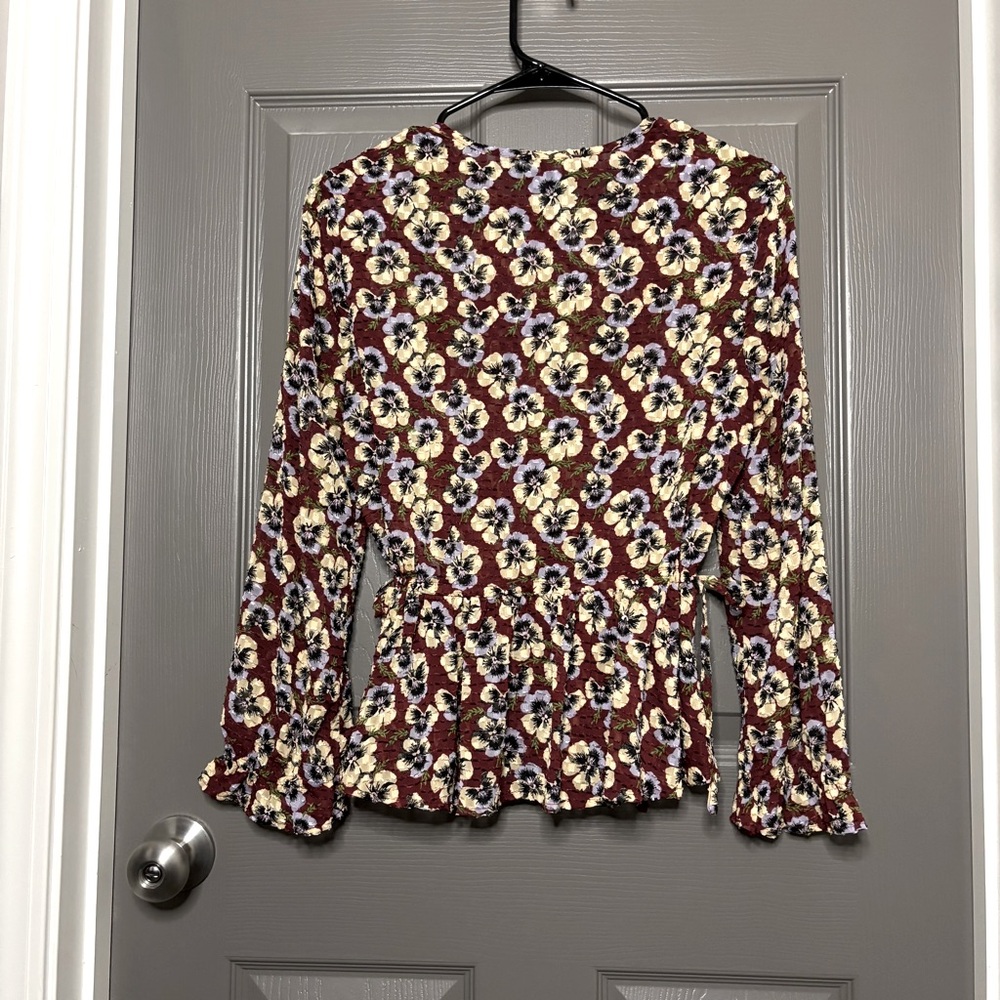 Madewell Drawstring Ruffle-Hem Top Viola Floral Pansy Print S - Picture 6 of 10